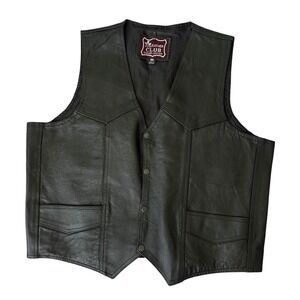 Leather Club Vintage Mens Black Genuine Leather Biker Vest Western Snaps SZ 46